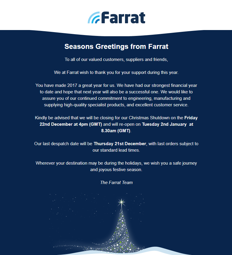 Farrat Christmas Shutdown